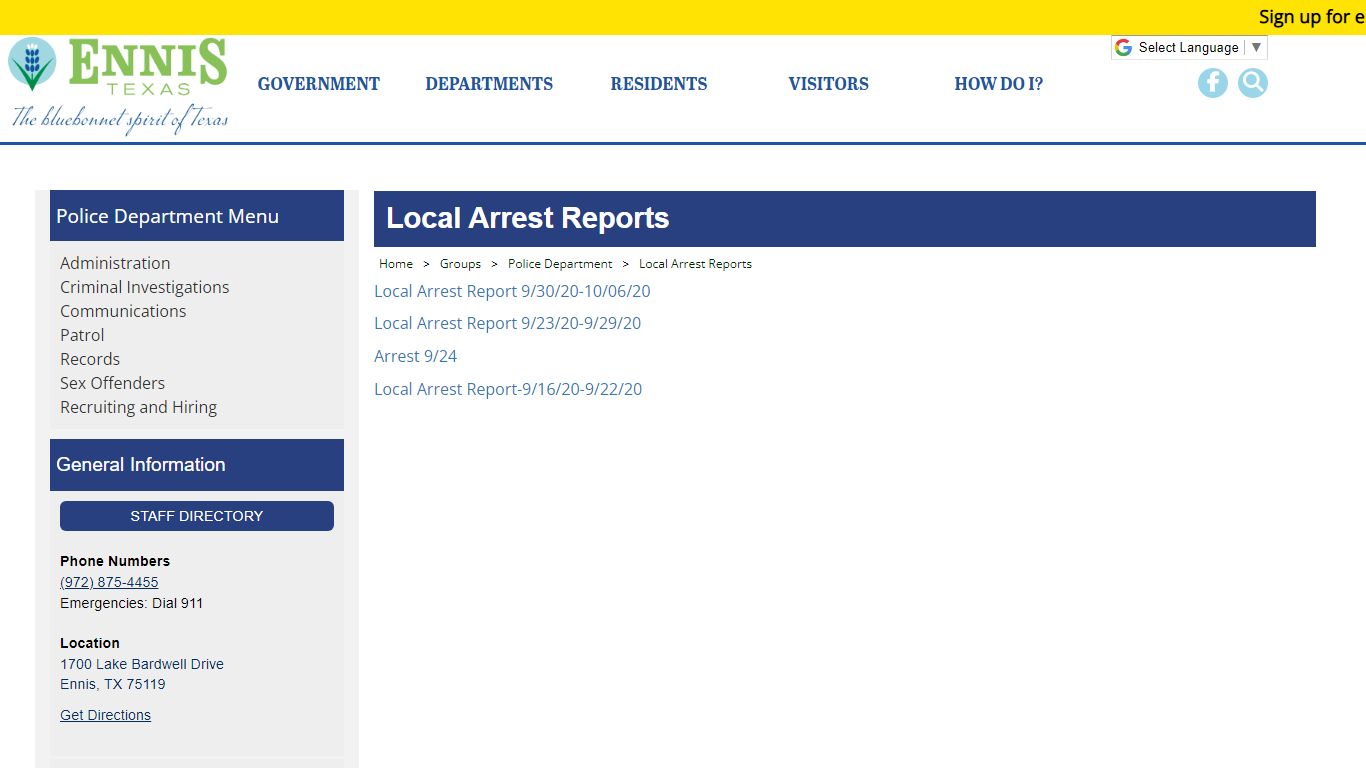 Official Website for the City of Ennis, Texas - Local Arrest Reports