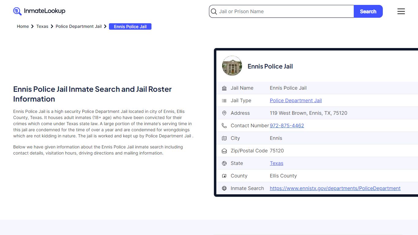 Ennis Police Jail Inmate Search and Jail Roster Information - Inmate Lookup